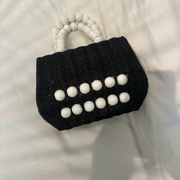 Bali Beaded Straw Black and White Woven Handbag Satchel - Picture 11 of 15